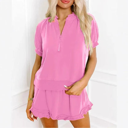Women's Ruffle Trim Zip Neck Top & Shorts Set