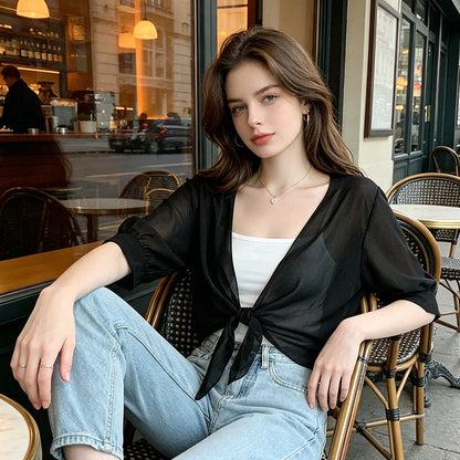 Women's Chiffon Tie-Front Shrug Cardigan