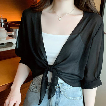Women's Chiffon Tie-Front Shrug Cardigan