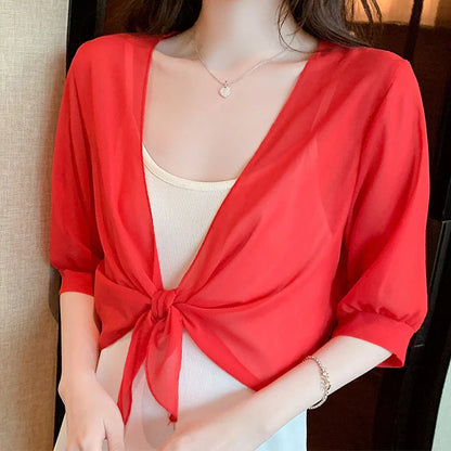 Women's Chiffon Tie-Front Shrug Cardigan