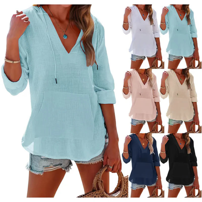 Women's Hooded V-Neck Pullover Top