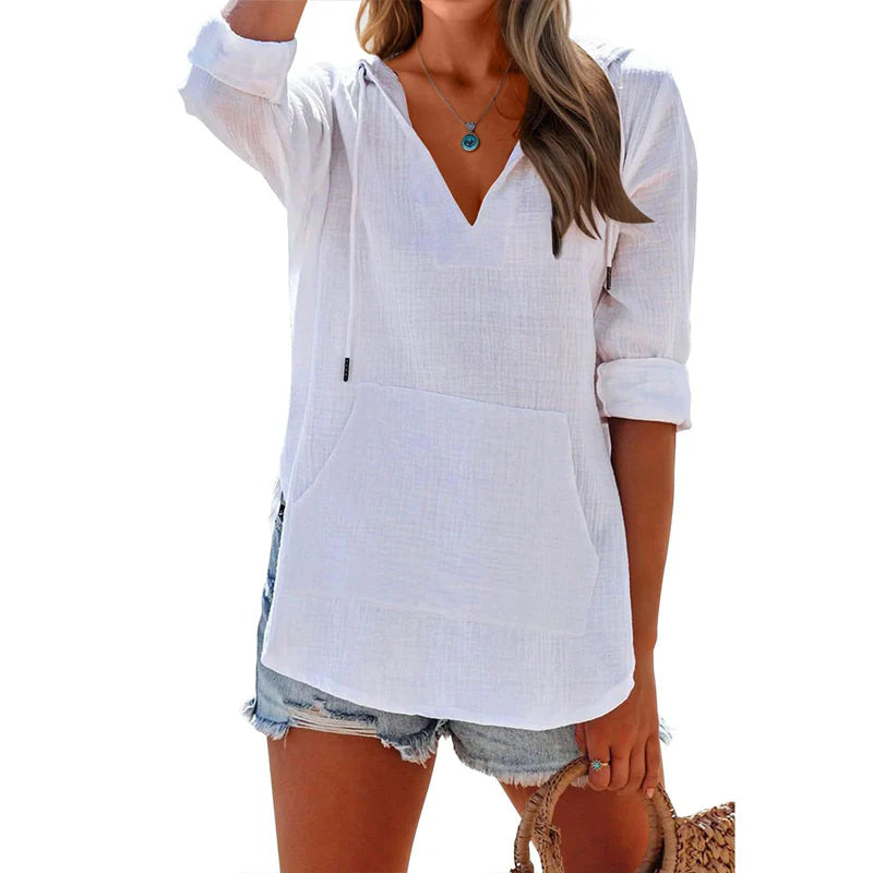 Women's Hooded V-Neck Pullover Top