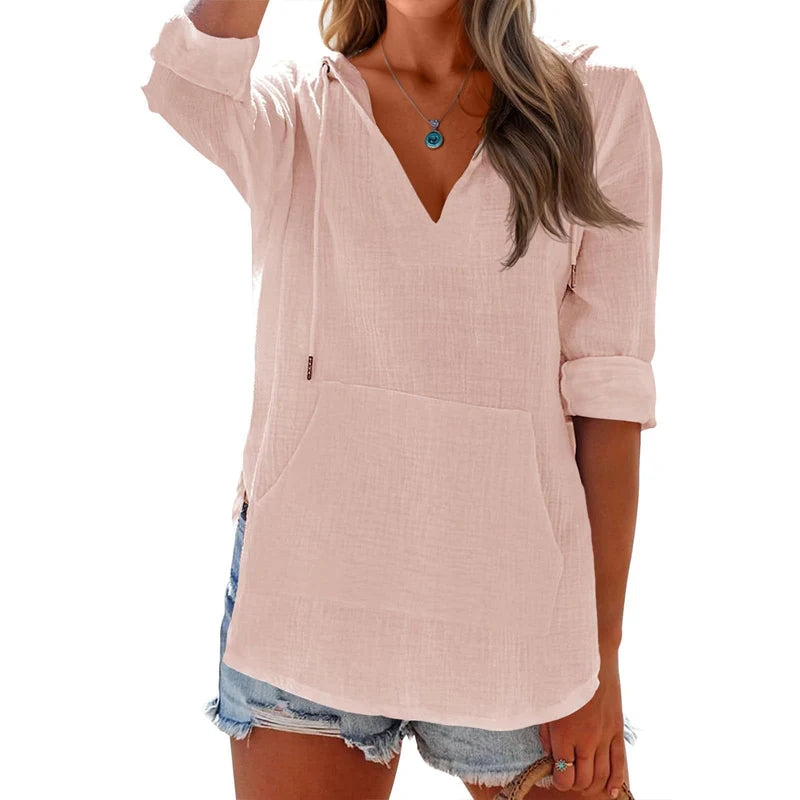 Women's Hooded V-Neck Pullover Top