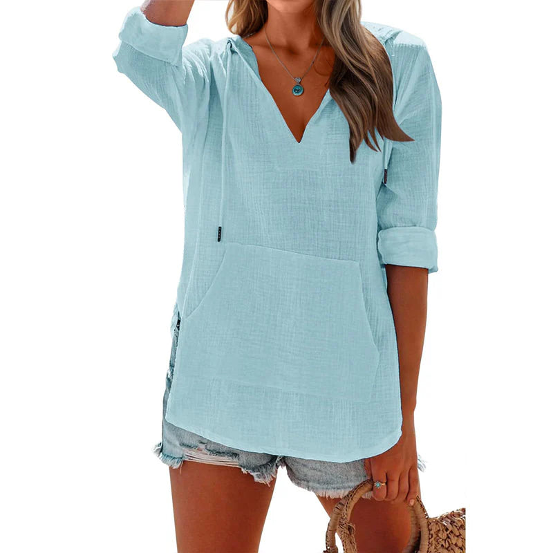 Women's Hooded V-Neck Pullover Top