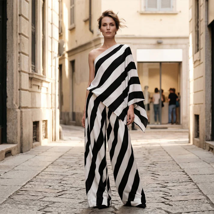 Women's One-Shoulder Striped Two-Piece Set