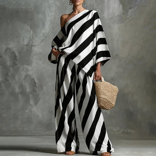 Women's One-Shoulder Striped Two-Piece Set