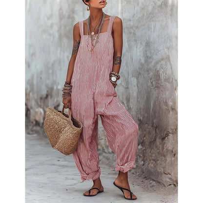 Women's Striped Sleeveless Wide Leg Jumpsuit