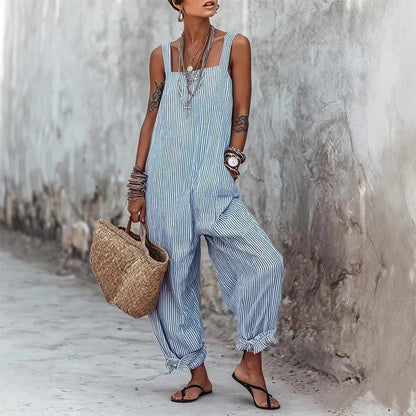 Women's Striped Sleeveless Wide Leg Jumpsuit