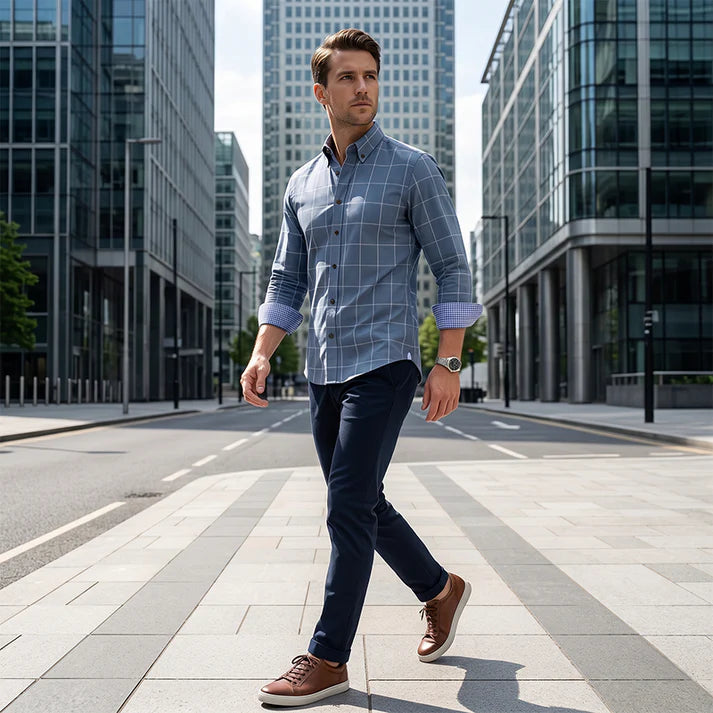 Men's Windowpane Button-Down Long Sleeve Shirt
