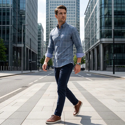 Men's Windowpane Button-Down Long Sleeve Shirt