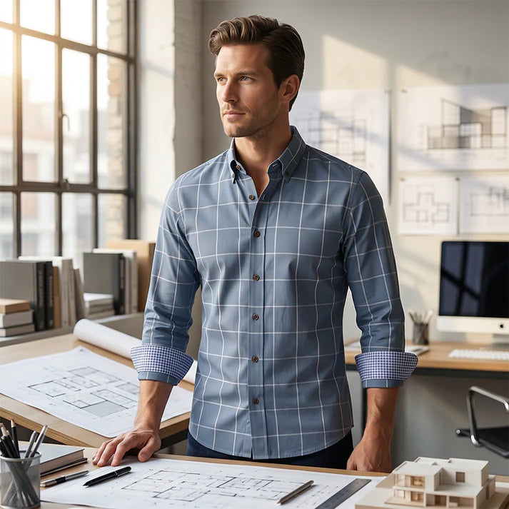 Men's Windowpane Button-Down Long Sleeve Shirt