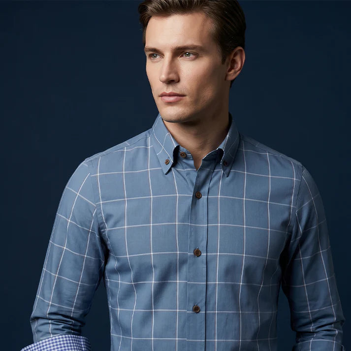Men's Windowpane Button-Down Long Sleeve Shirt