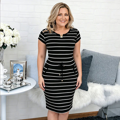 Women's Striped Short Sleeve Drawstring Midi Dress