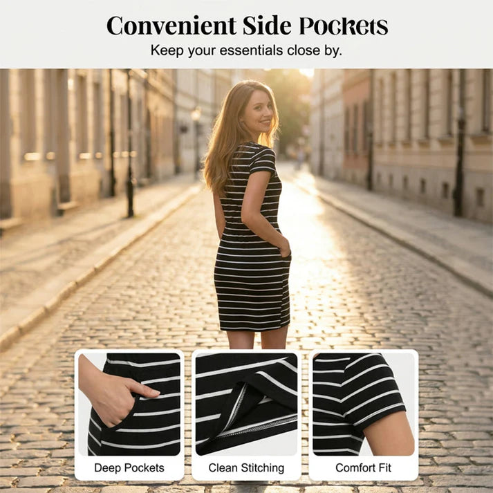Women's Striped Short Sleeve Drawstring Midi Dress