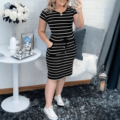 Women's Striped Short Sleeve Drawstring Midi Dress