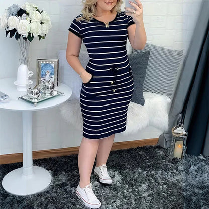 Women's Striped Short Sleeve Drawstring Midi Dress