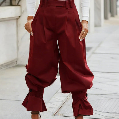 Women's Pleated Lantern Pants with Ruffled Cuffs