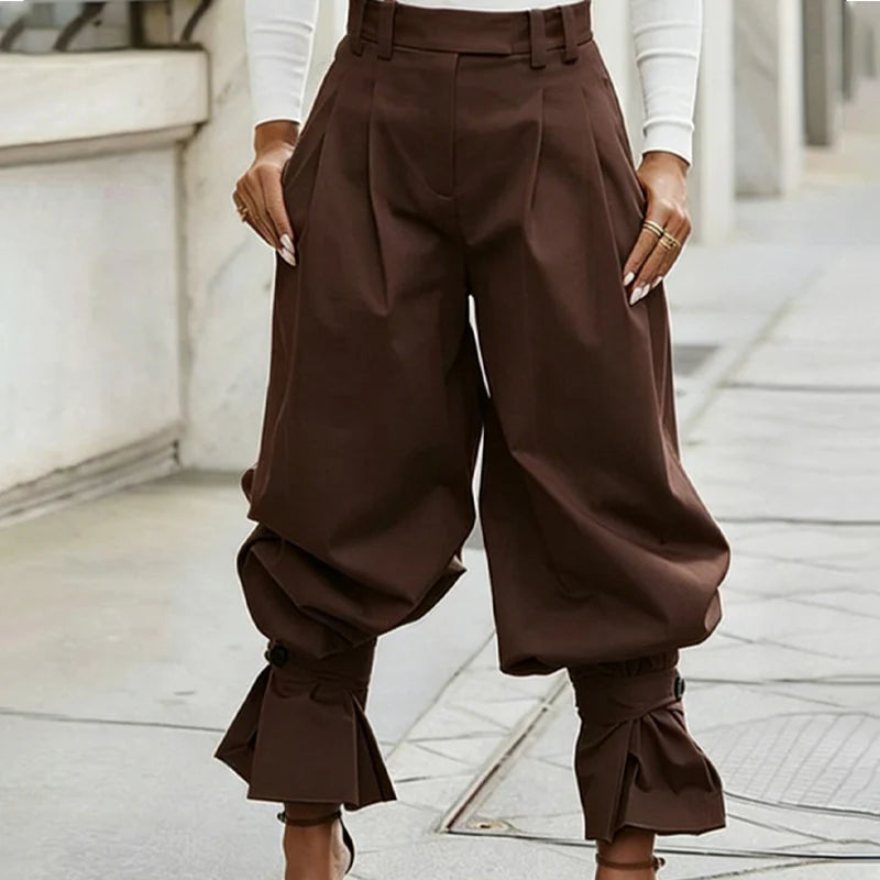 Women's Pleated Lantern Pants with Ruffled Cuffs