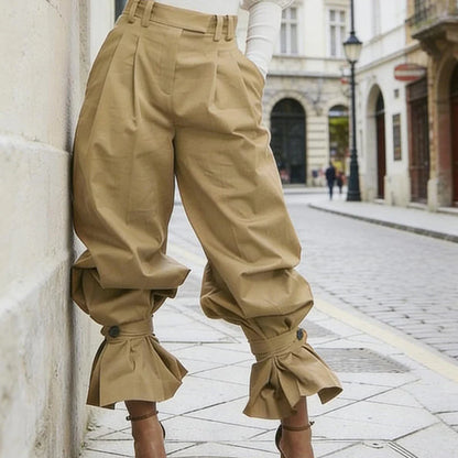 Women's Pleated Lantern Pants with Ruffled Cuffs