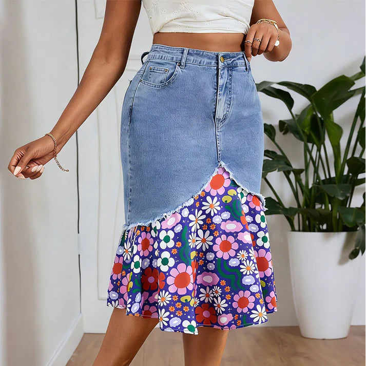 Women's High-Waist Patchwork Denim Midi Skirt