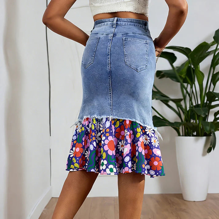 Women's High-Waist Patchwork Denim Midi Skirt