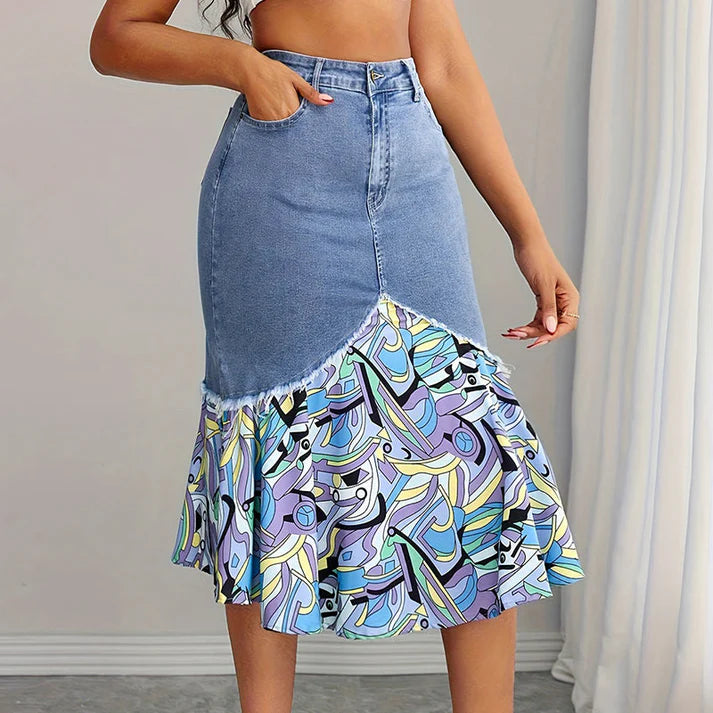 Women's High-Waist Patchwork Denim Midi Skirt
