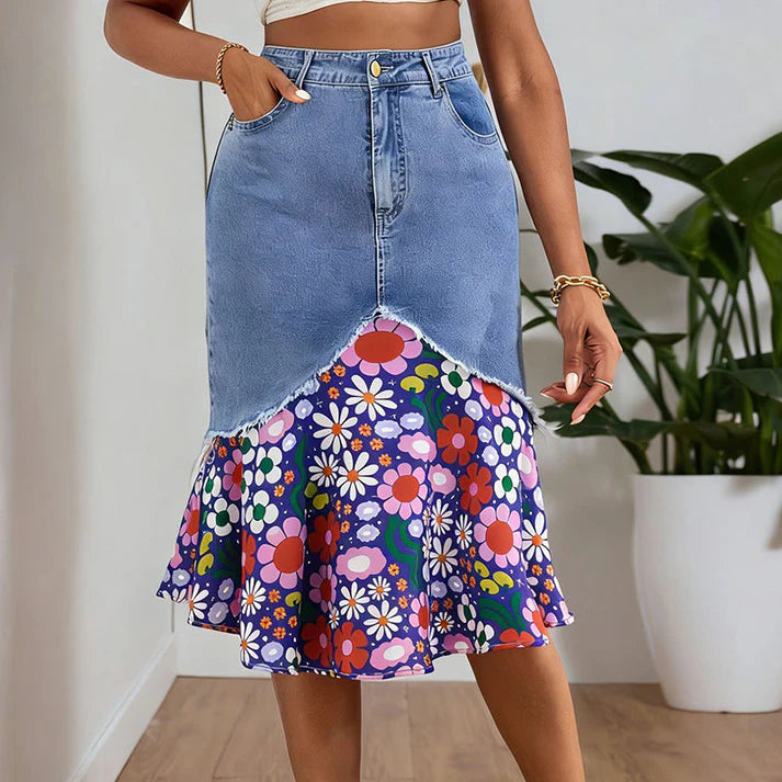 Women's High-Waist Patchwork Denim Midi Skirt