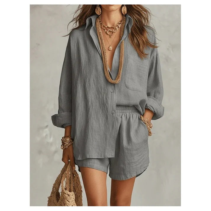 Women's Oversized Button-Up Shirt & Shorts Set