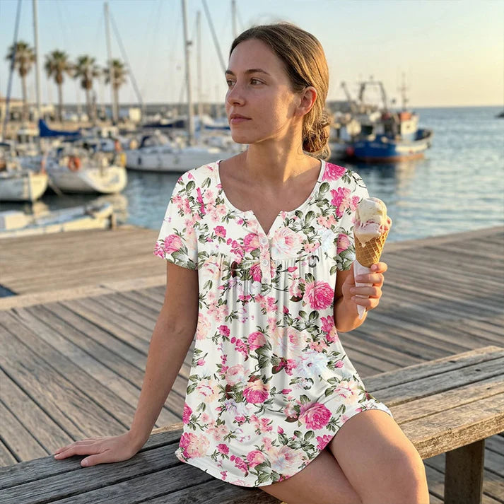 Women's Floral Button Front Short Sleeve Top