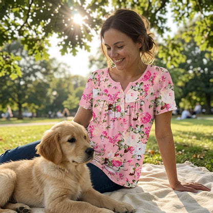 Women's Floral Button Front Short Sleeve Top