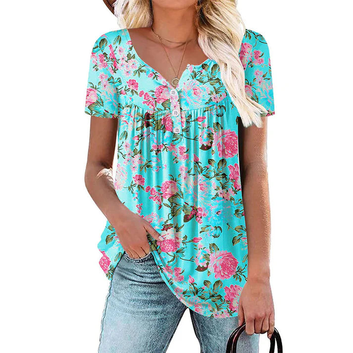 Women's Floral Button Front Short Sleeve Top