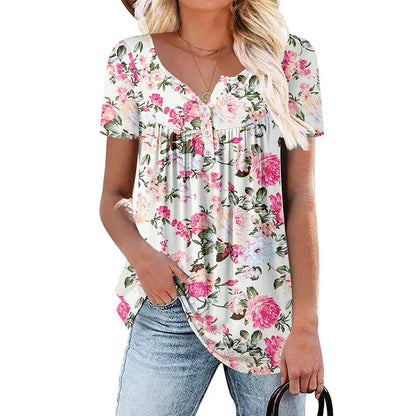 Women's Floral Button Front Short Sleeve Top