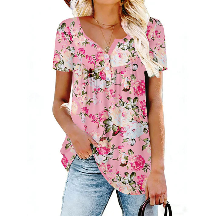 Women's Floral Button Front Short Sleeve Top