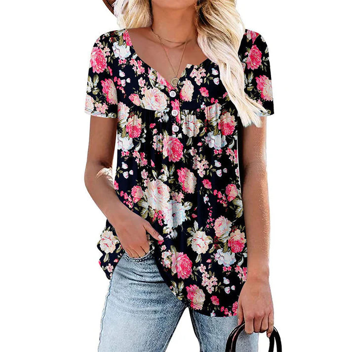 Women's Floral Button Front Short Sleeve Top