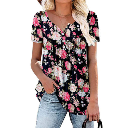 Women's Floral Button Front Short Sleeve Top