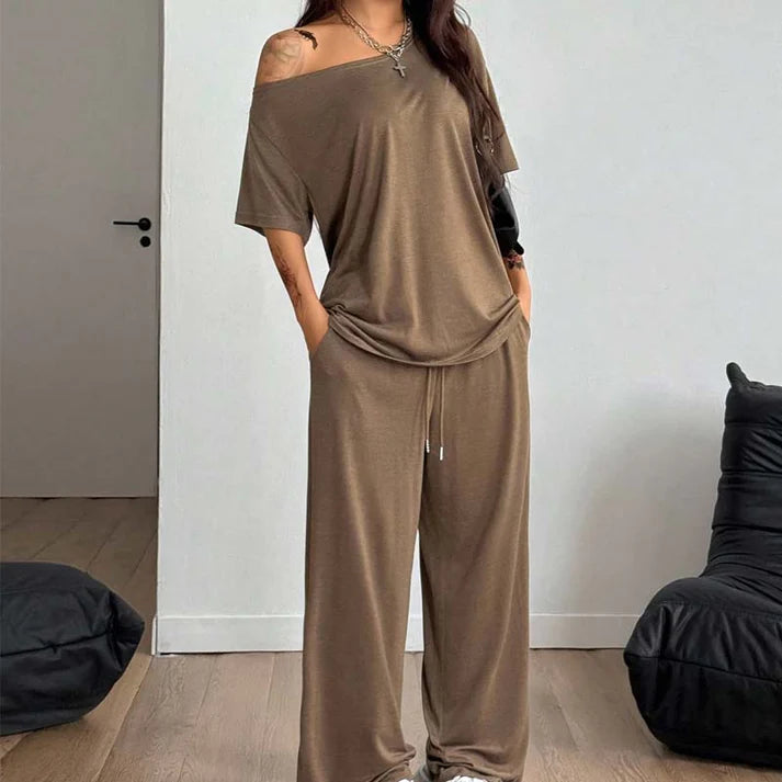 Women's Off-Shoulder Top & Wide-Leg Pants Set