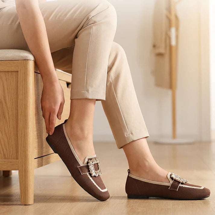 Women's Square Toe Slip-On Flats with Crystal Buckle