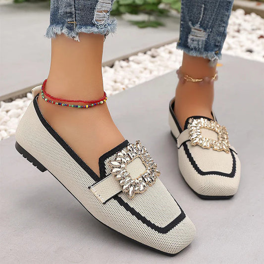 Women's Square Toe Slip-On Flats with Crystal Buckle