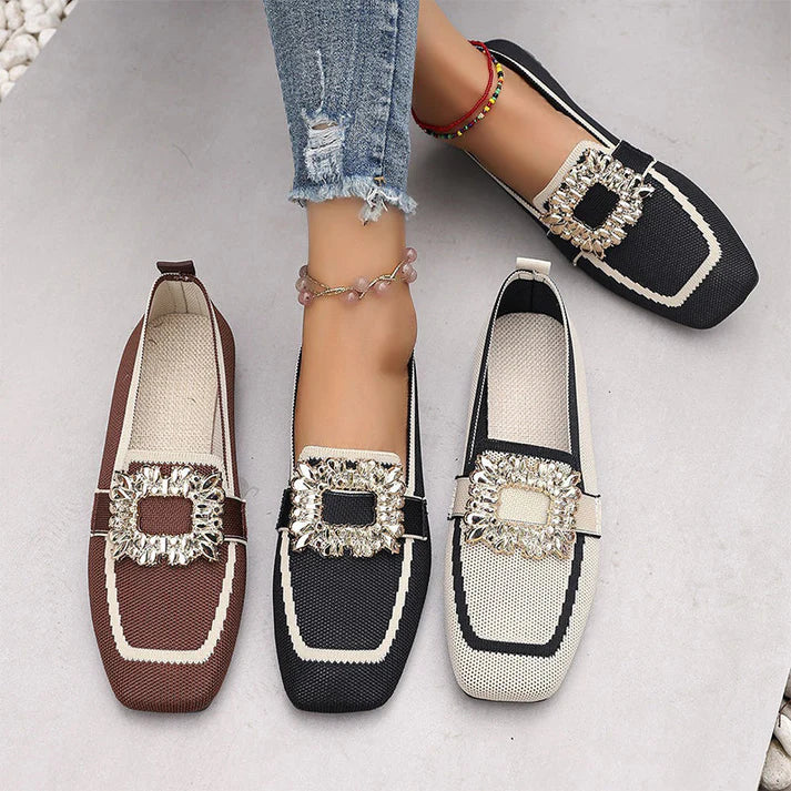 Women's Square Toe Slip-On Flats with Crystal Buckle