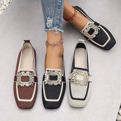 Women's Square Toe Slip-On Flats with Crystal Buckle