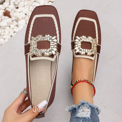 Women's Square Toe Slip-On Flats with Crystal Buckle
