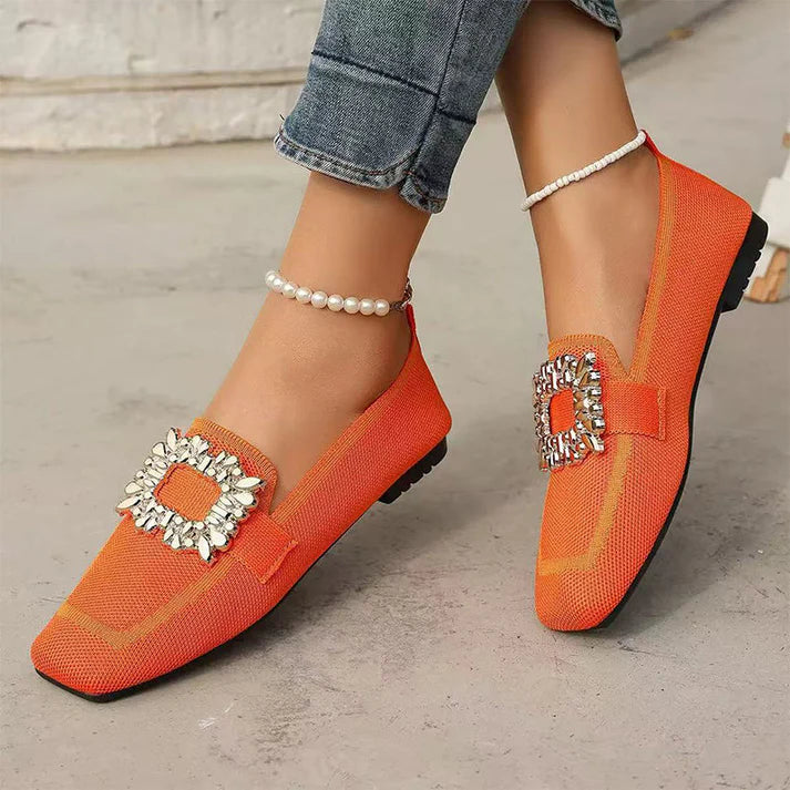 Women's Square Toe Slip-On Flats with Crystal Buckle