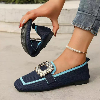 Women's Square Toe Slip-On Flats with Crystal Buckle