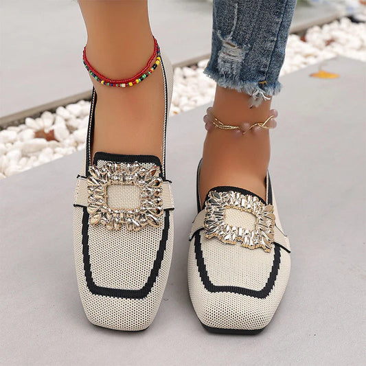 Women's Square Toe Slip-On Flats with Crystal Buckle