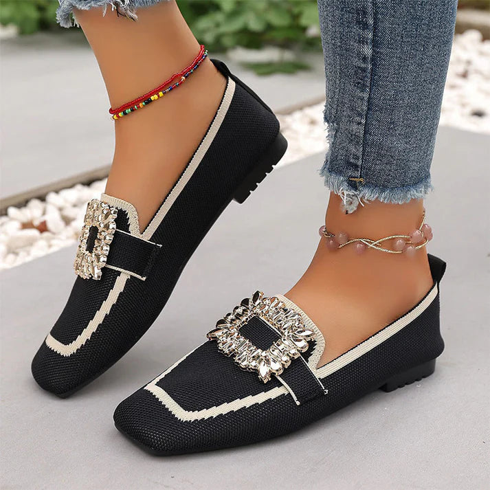 Women's Square Toe Slip-On Flats with Crystal Buckle
