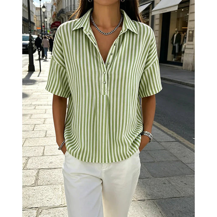 Women's Striped Short Sleeve Button-Neck Blouse