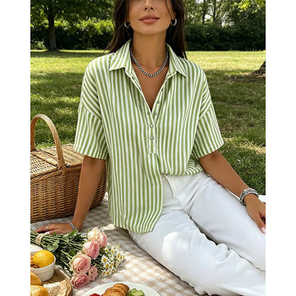 Women's Striped Short Sleeve Button-Neck Blouse