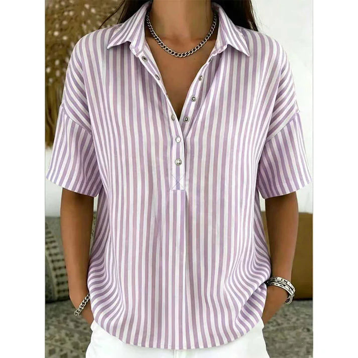 Women's Striped Short Sleeve Button-Neck Blouse