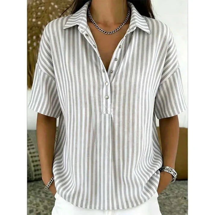 Women's Striped Short Sleeve Button-Neck Blouse