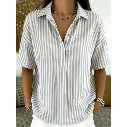 Women's Striped Short Sleeve Button-Neck Blouse